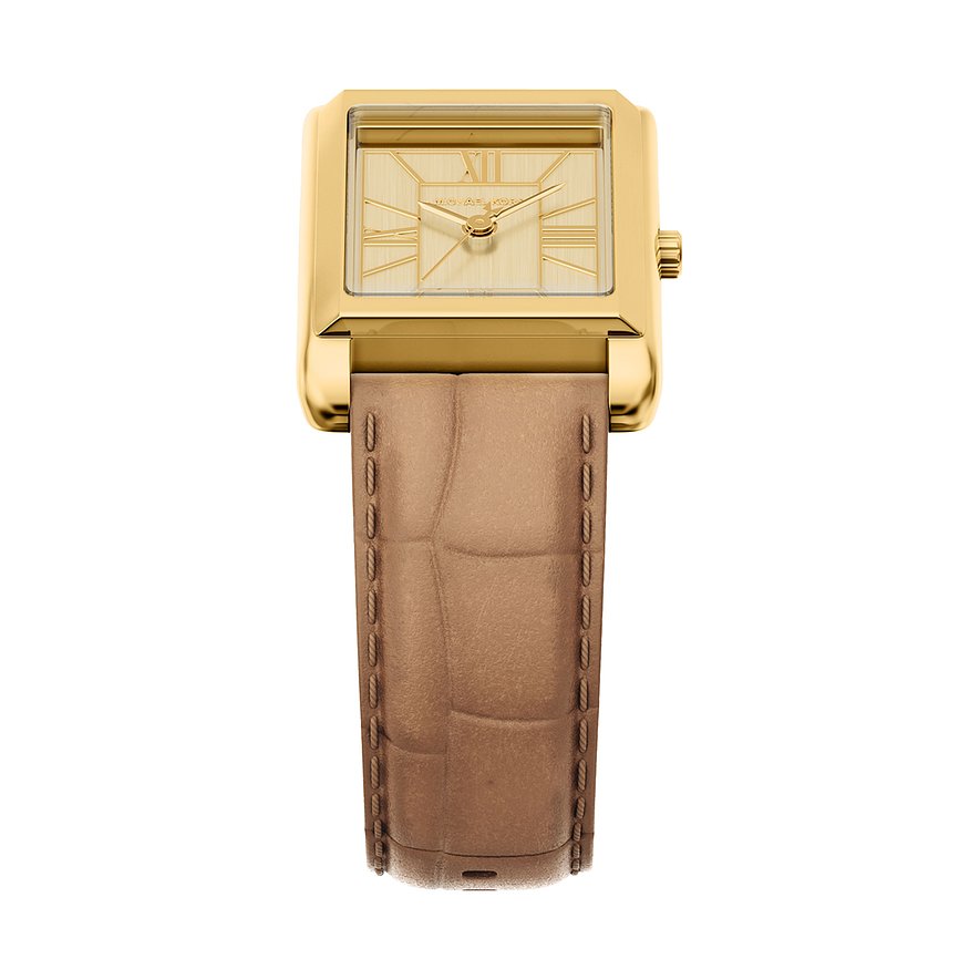 Michael Kors dameur i guldfarvet rustfrit stål med rektangulær skive og brun læderrem, set forfra.