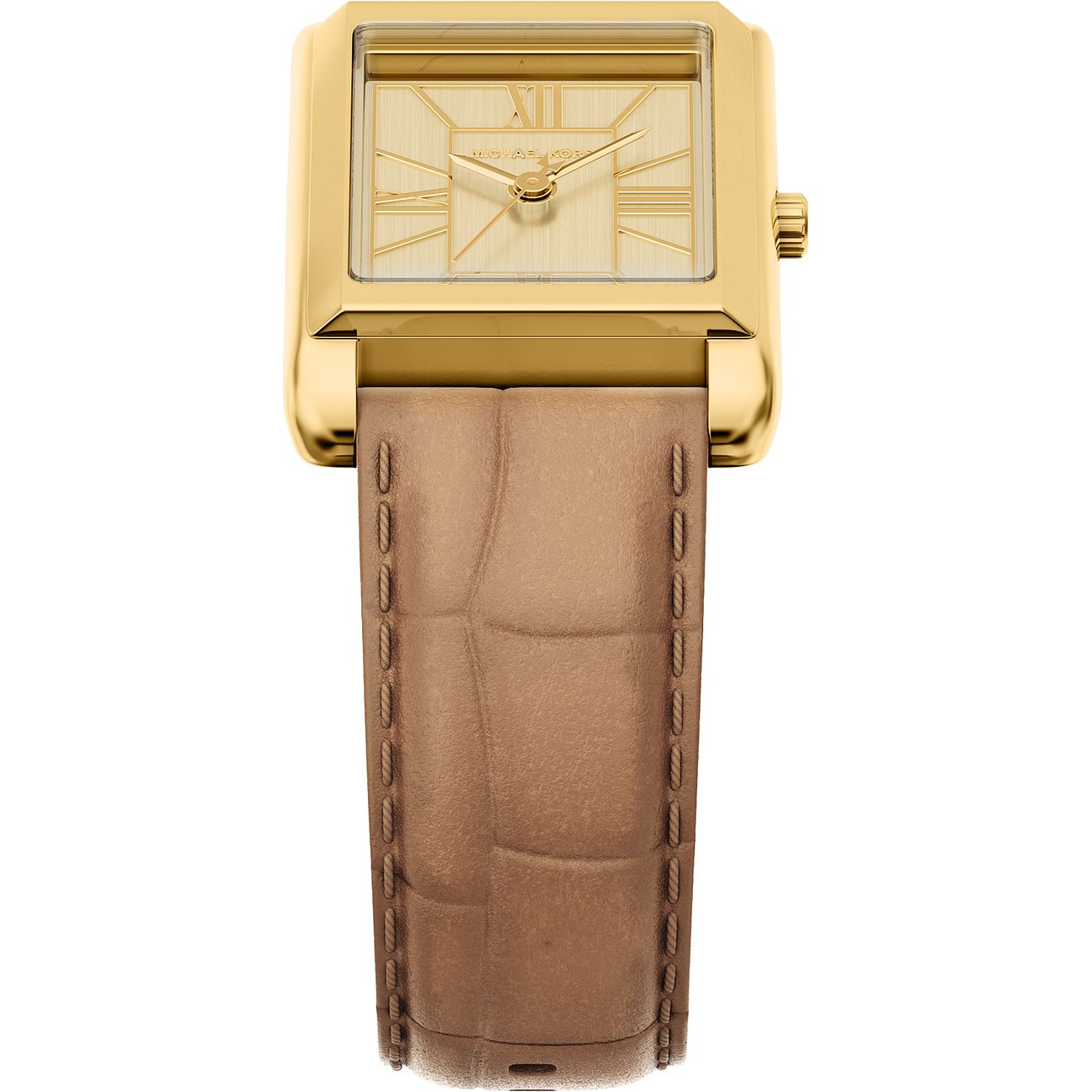 Michael Kors dameur i guldfarvet rustfrit stål med rektangulær skive og brun læderrem, set forfra.