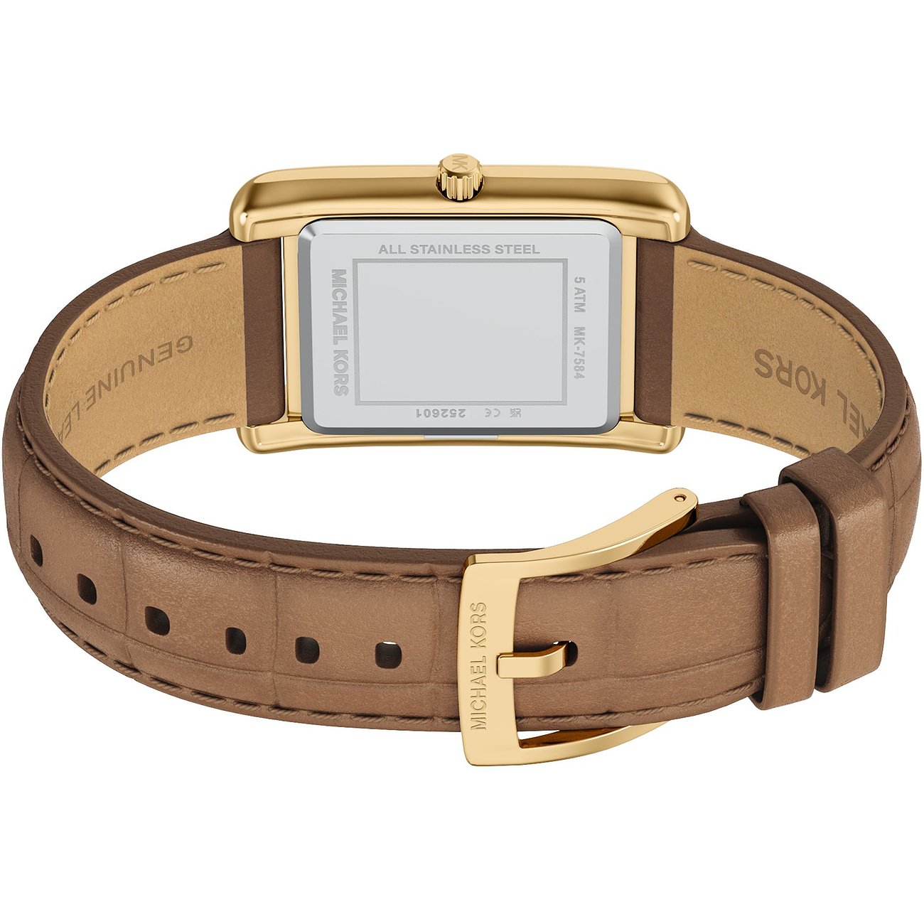 Bagside af et Michael Kors dameur i rustfrit stål med rektangulært guldfarvet urkasse og brun læderrem.