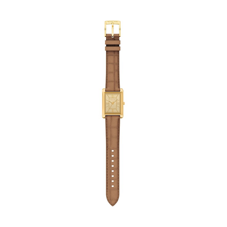 Michael Kors dameur i guldfarvet rustfrit stål med rektangulær urskive og brun læderrem.