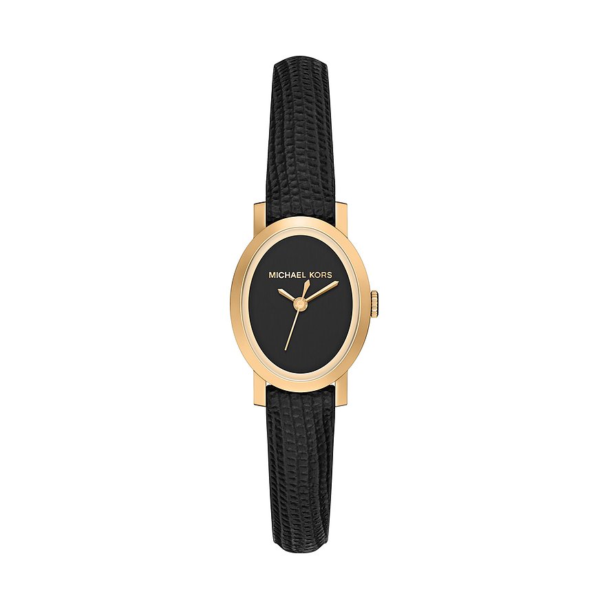 Une montre Michael Kors pour femme en acier inoxydable doré, avec cadran ovale noir et bracelet noir à motifs.