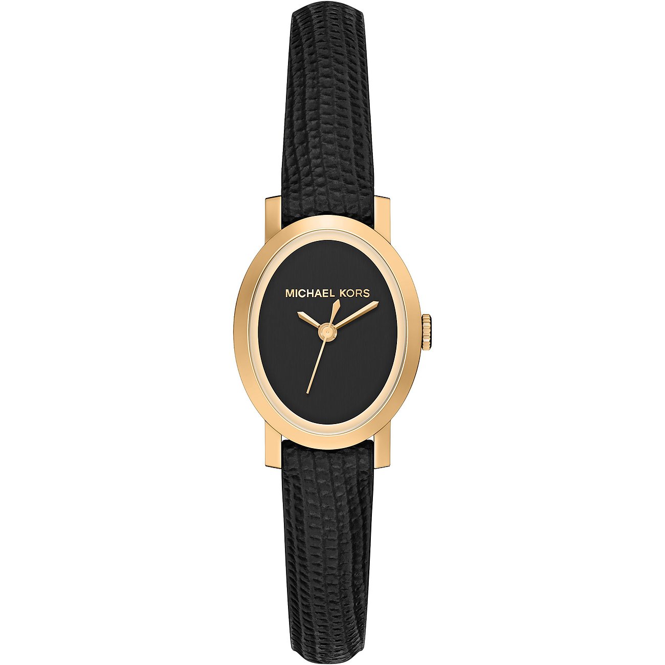 Une montre Michael Kors pour femme en acier inoxydable doré, avec cadran ovale noir et bracelet noir à motifs.