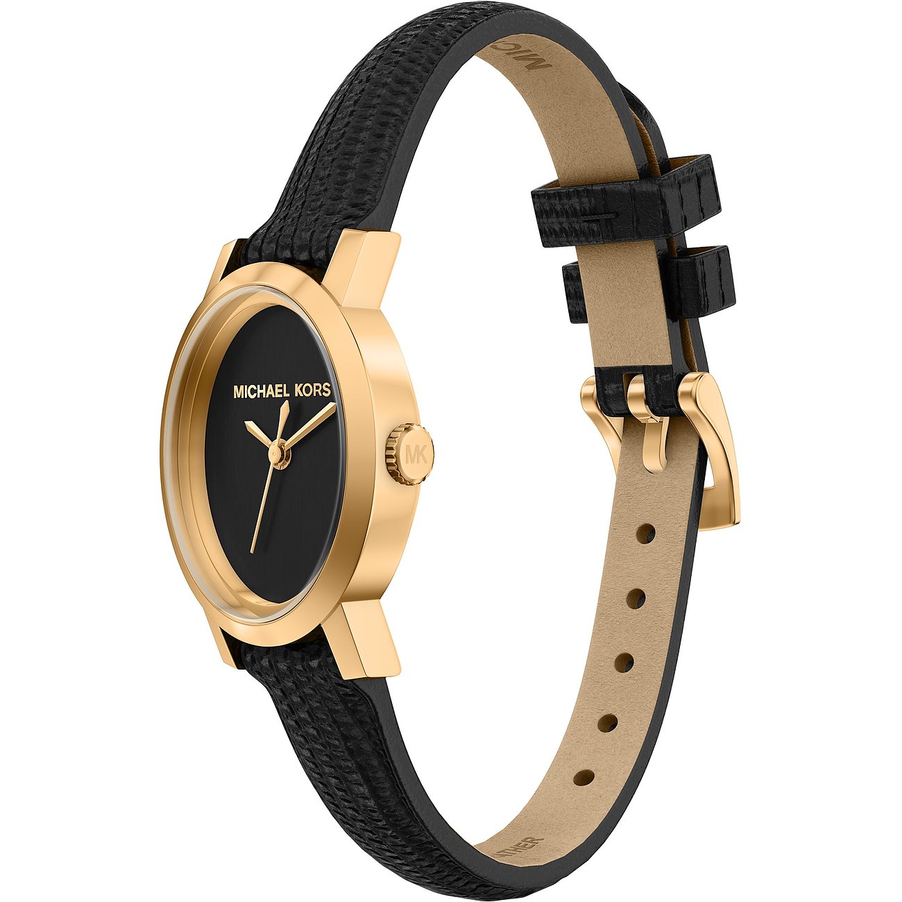 Montre femme Michael Kors en acier inoxydable doré, cadran noir et bracelet en cuir noir embossé.