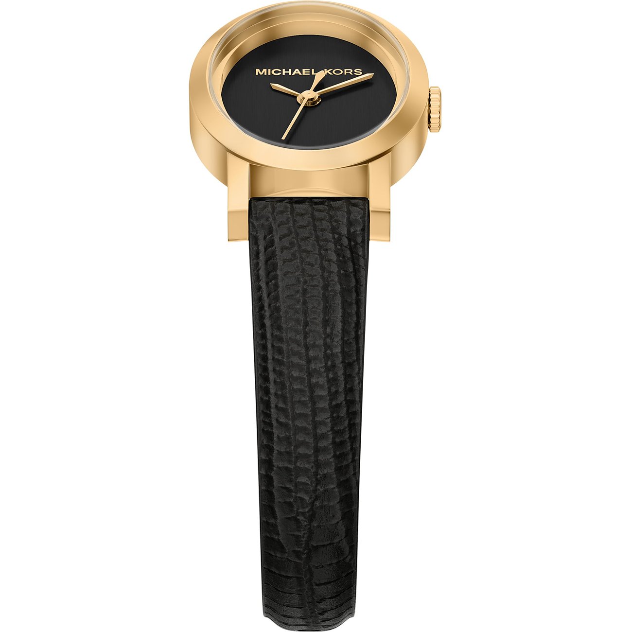 La montre femme Michael Kors en acier inoxydable a un cadran noir et un bracelet noir texturé.