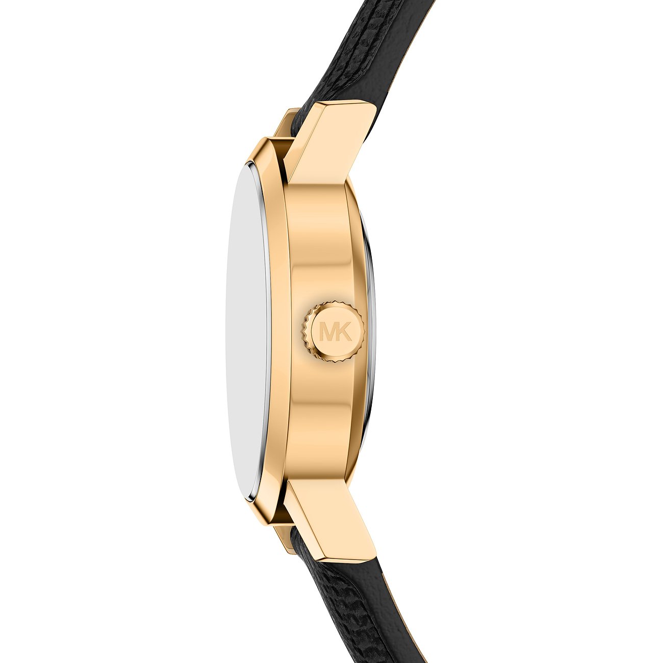 Vue latérale d'une montre femme Michael Kors en acier inoxydable doré avec un bracelet noir.