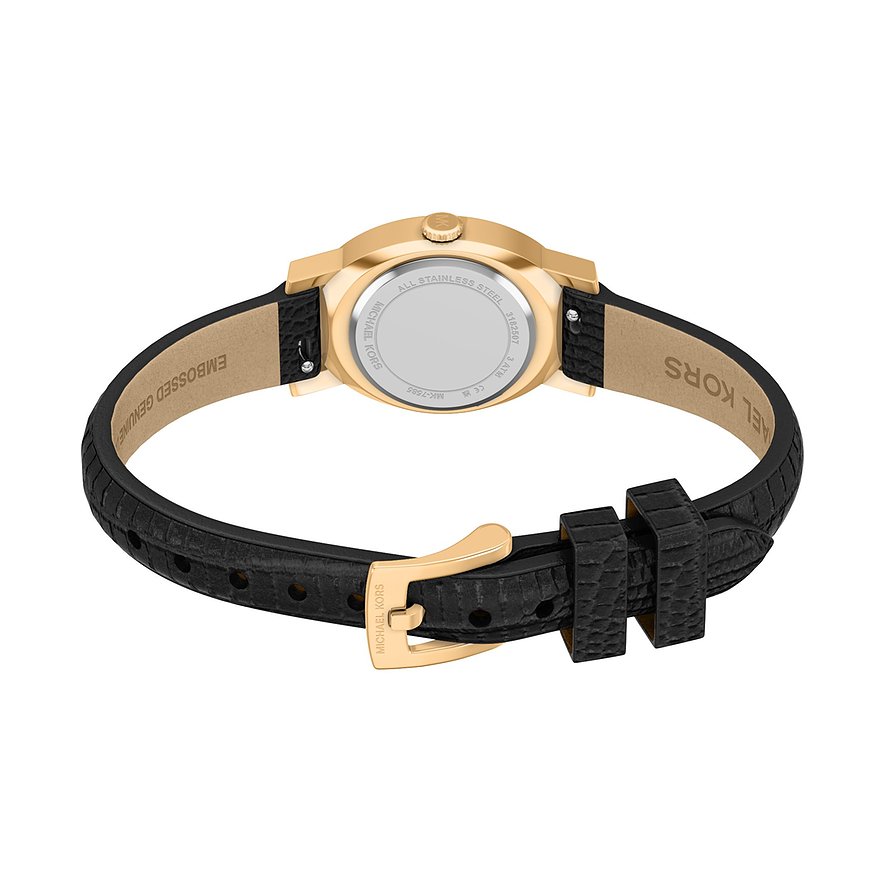 Vue arrière de la montre femme Michael Kors en acier inoxydable doré avec bracelet en cuir noir gaufré et boucle dorée.