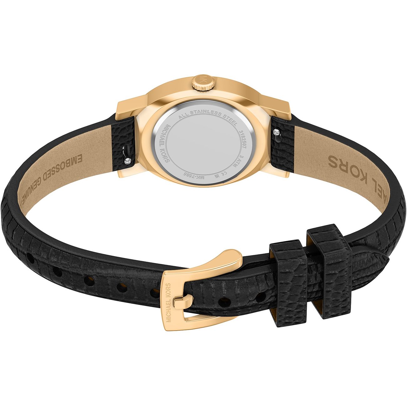 Vue arrière de la montre femme Michael Kors en acier inoxydable doré avec bracelet en cuir noir gaufré et boucle dorée.