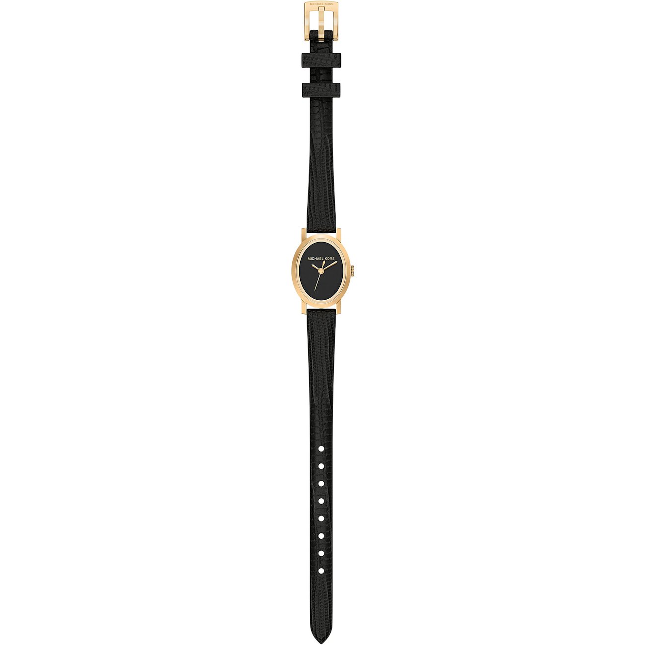 Montre femme Michael Kors en acier inoxydable doré, cadran ovale et bracelet en cuir noir, vue de face.