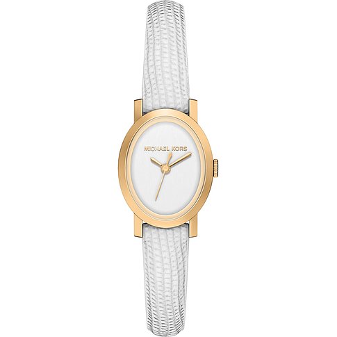 Michael Kors damklocka i guldfärgat rostfritt stål med oval boett och vitt texturerat armband.