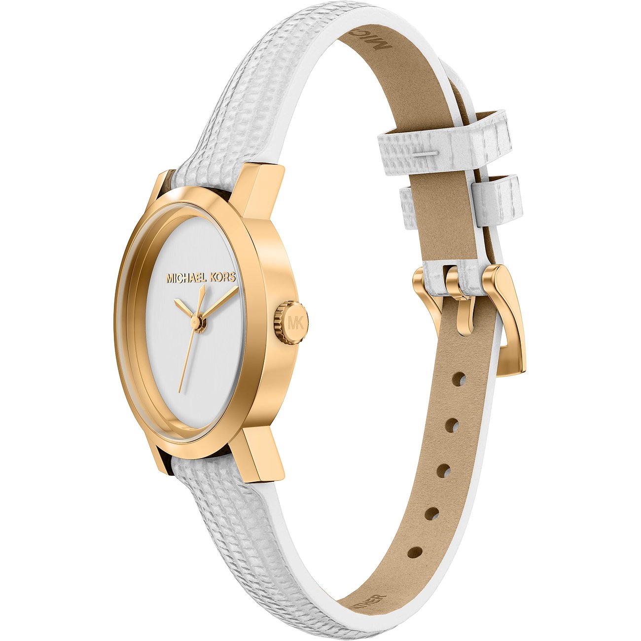 Michael Kors dameur i guldfarvet rustfrit stål med hvid urskive og hvid tekstureret læderrem.