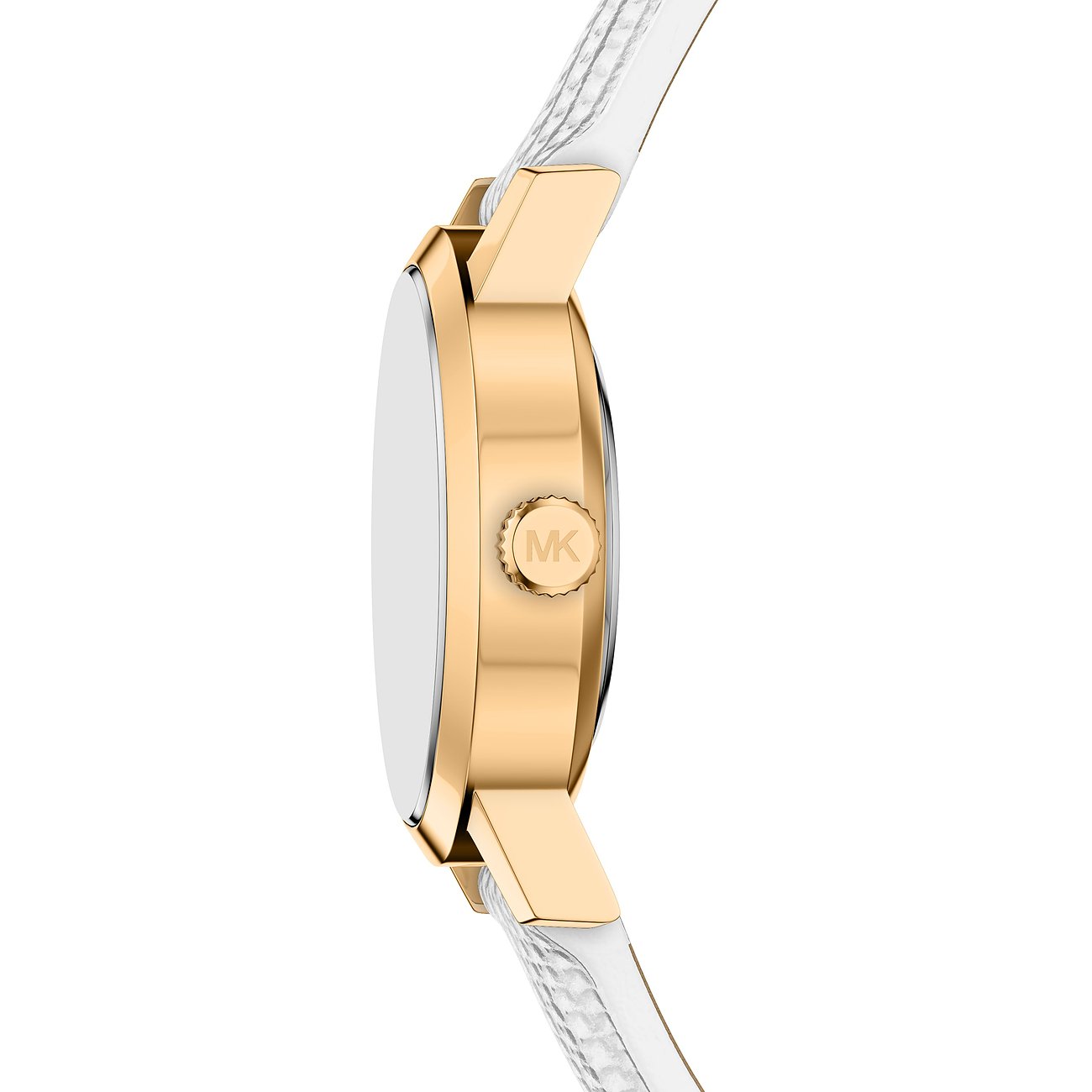 Sidebillede af et Michael Kors dameur i guldfarvet rustfrit stål med hvid rem. Urskiven er ikke synlig.