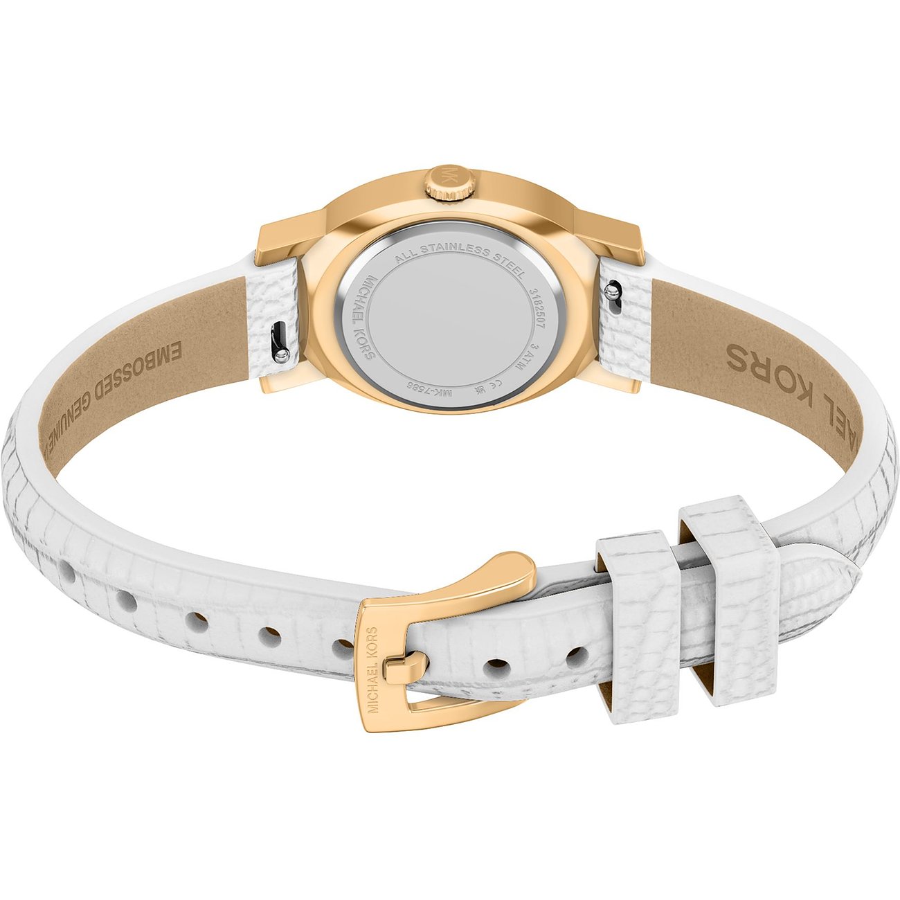 Bagsiden af et Michael Kors dameur i guldfarvet rustfrit stål med hvid læderrem og guldfarvet spænde.