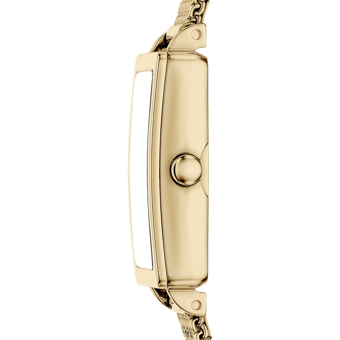 Sidovy av ett Skagen-set i guldfärgat rostfritt stål, som visar en klocka.