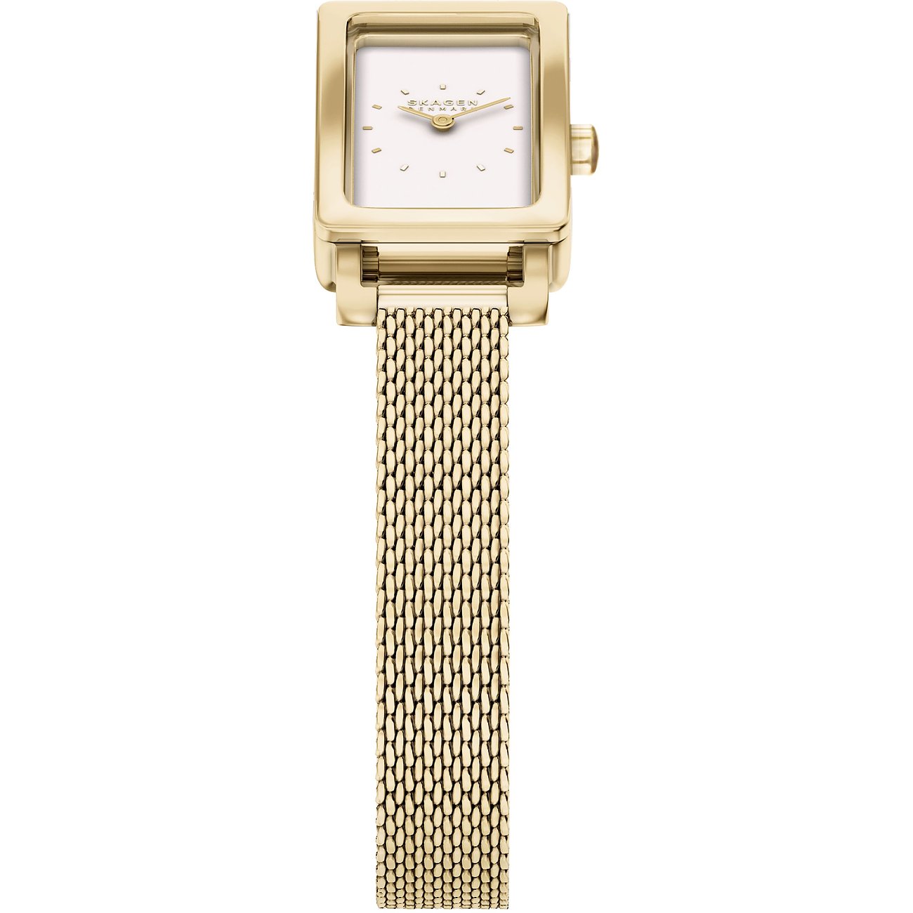 Skagen-klocka med rektangulär guldfärgad rostfri stålkasse och milanesisk länk