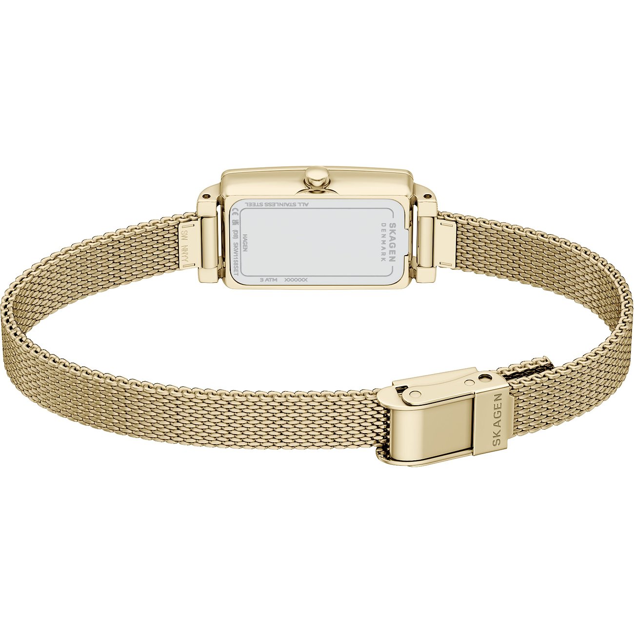 Baksida av en guldfärgad Skagen-klocka i rostfritt stål med rektangulär boett och fint milanesiskt armband.