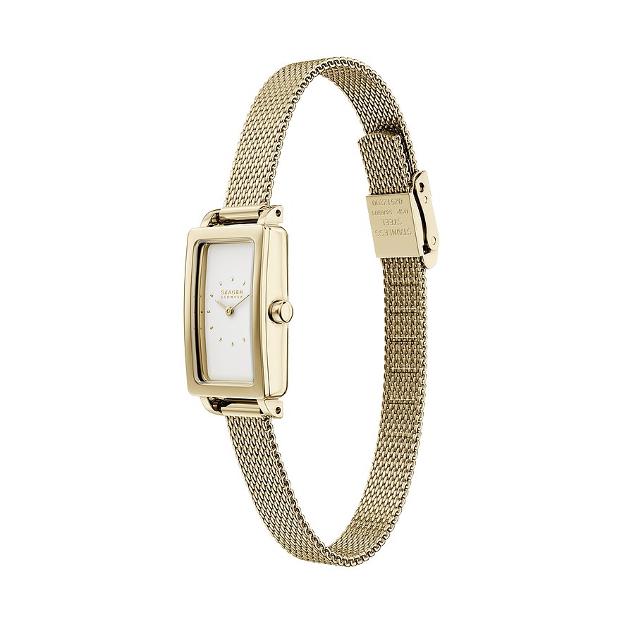 Skagenklocka i guldfärgat rostfritt stål med rektangulär urtavla och fint nätband, sedd från sidan.