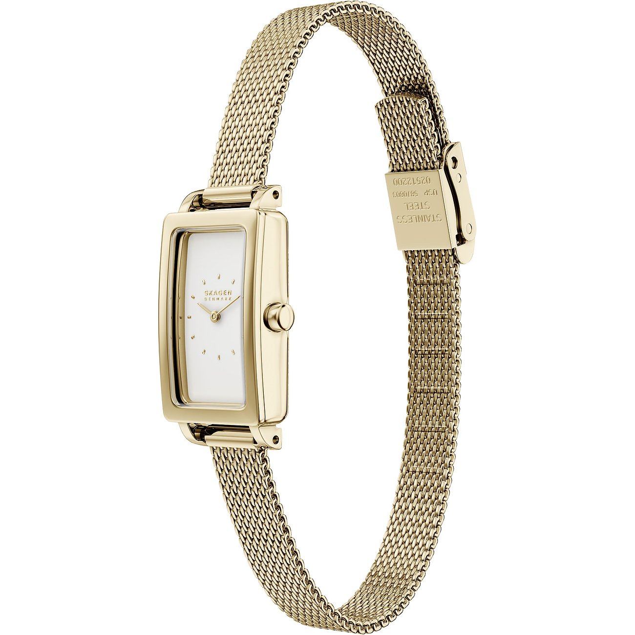 Skagenklocka i guldfärgat rostfritt stål med rektangulär urtavla och fint nätband, sedd från sidan.