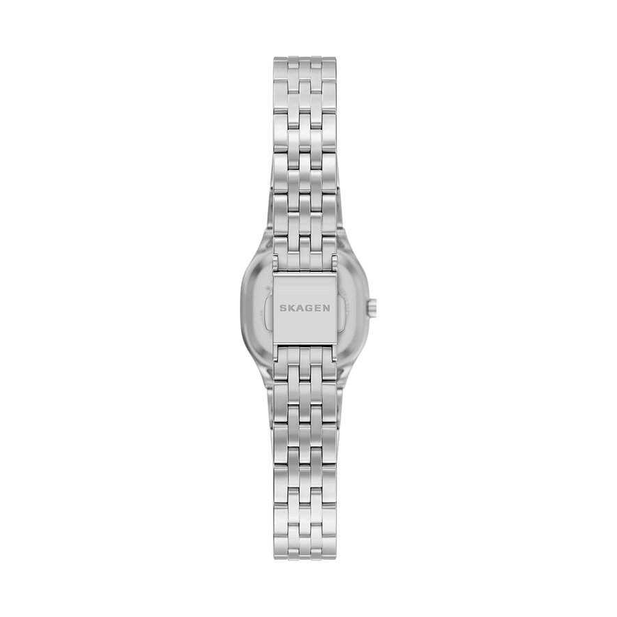 Baksida av Skagen damklocka i rostfritt stål med elegant silverfärgat länkarmband och Skagen-logotyp.