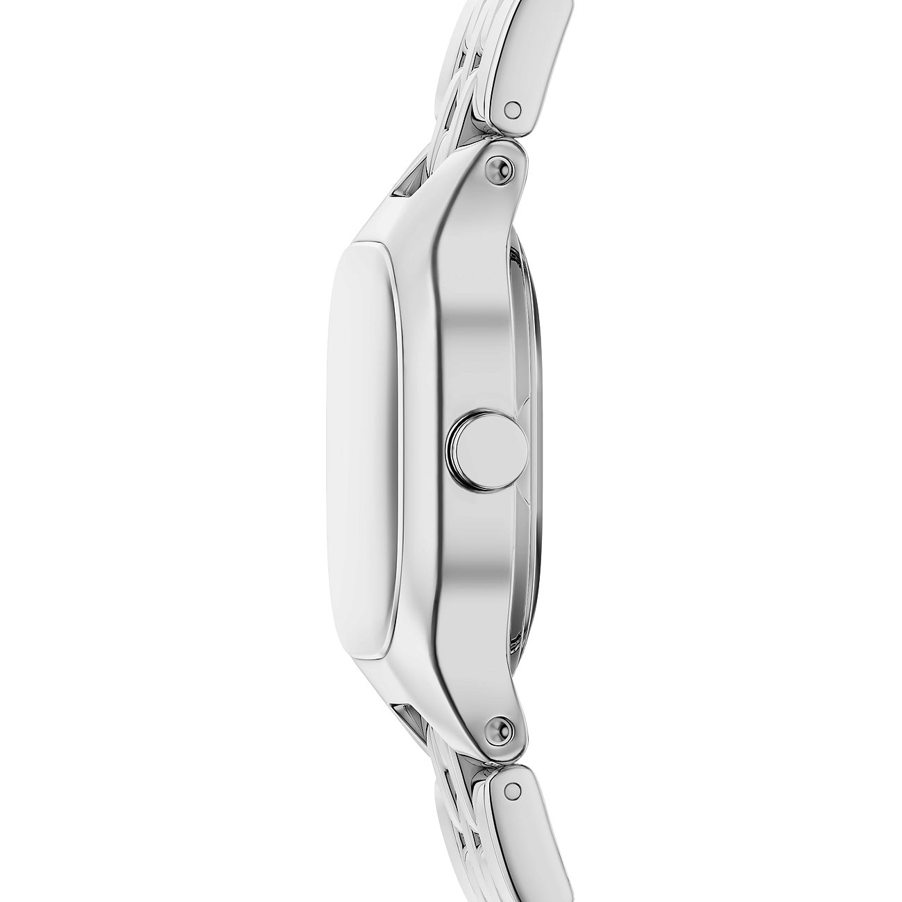 Sidovy av en Skagen damklocka i polerat rostfritt stål med krona, mot vit bakgrund.