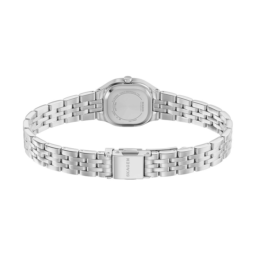 Bakifrån, silverfärgad Skagen damklocka i rostfritt stål med fyrkantig boett och länkarmband.