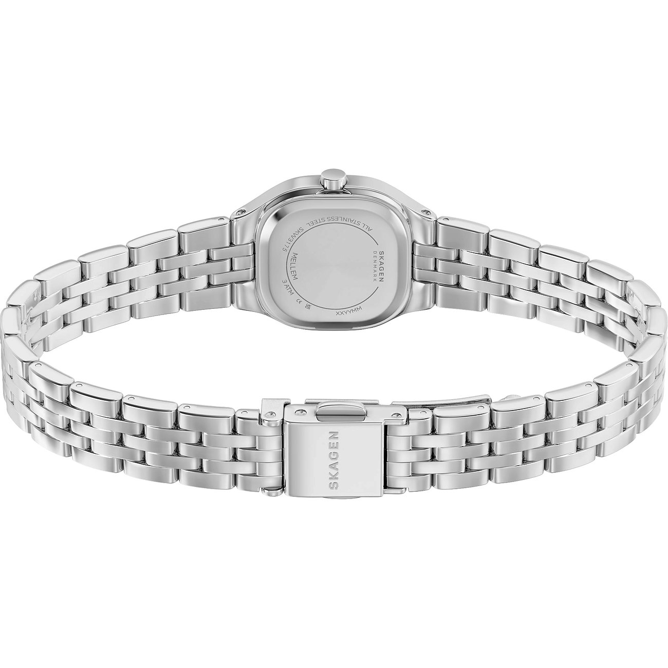 Bakifrån, silverfärgad Skagen damklocka i rostfritt stål med fyrkantig boett och länkarmband.