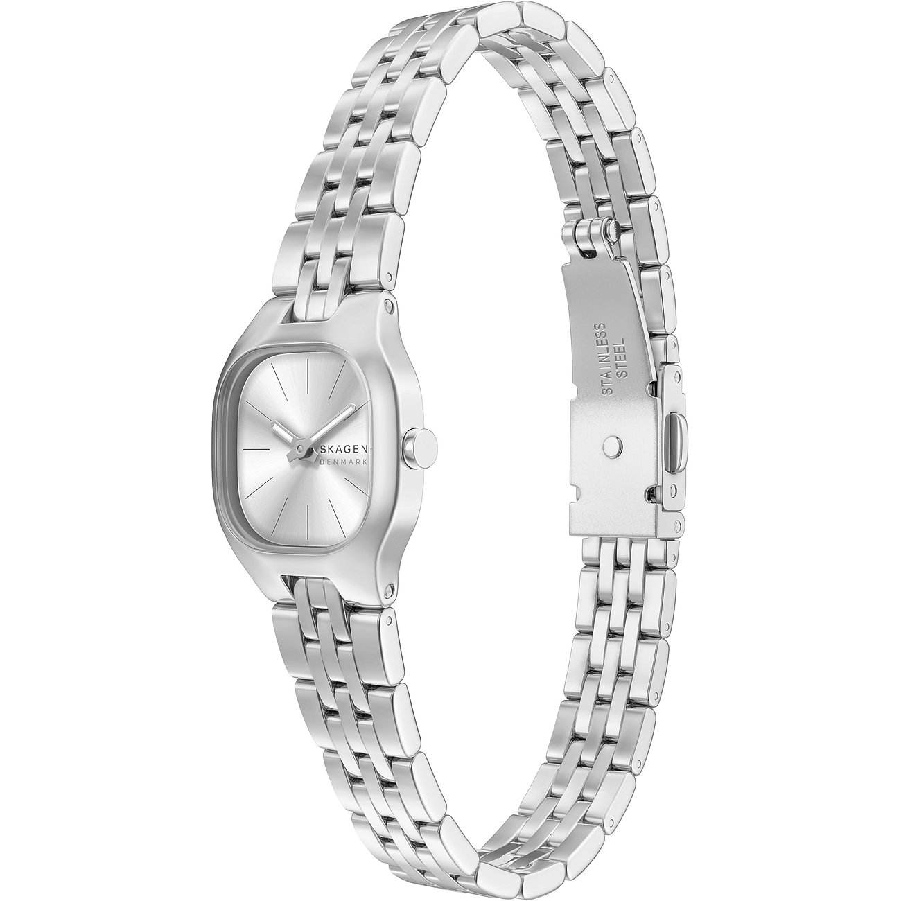 Skagen damklocka i rostfritt stål med silverfärgad urtavla och blankt stålmband, framifrån på vit bakgrund.