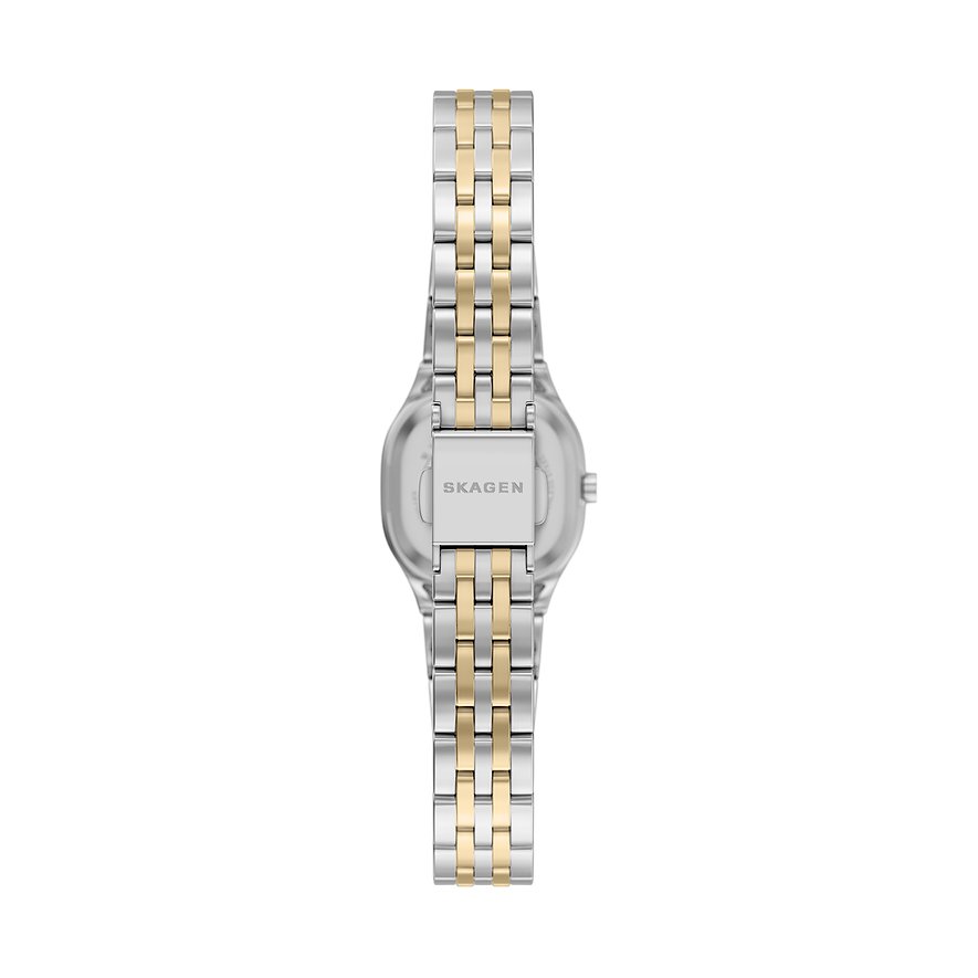 Baksidan av en Skagen damklocka i tvåfärgat rostfritt stål med guld- och silverfärgade länkar.