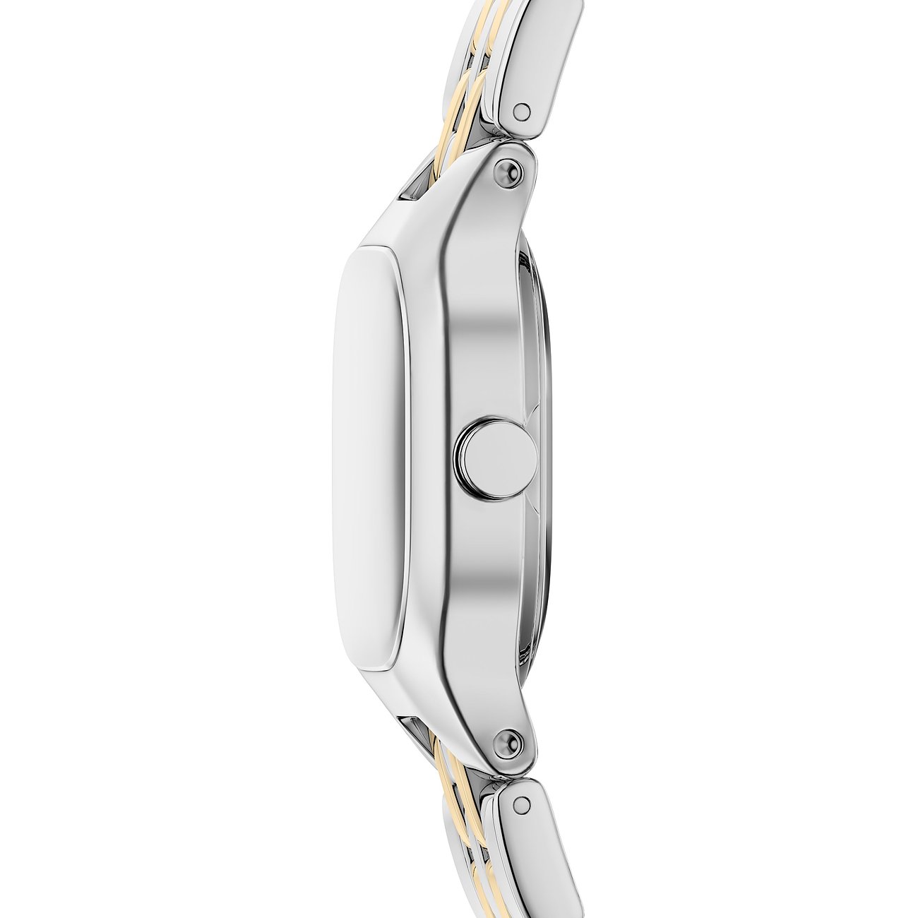 Sidovy av ett Skagen damur i rostfritt stål med glänsande silverfärgad boett och länk med guldfärgade accenter.