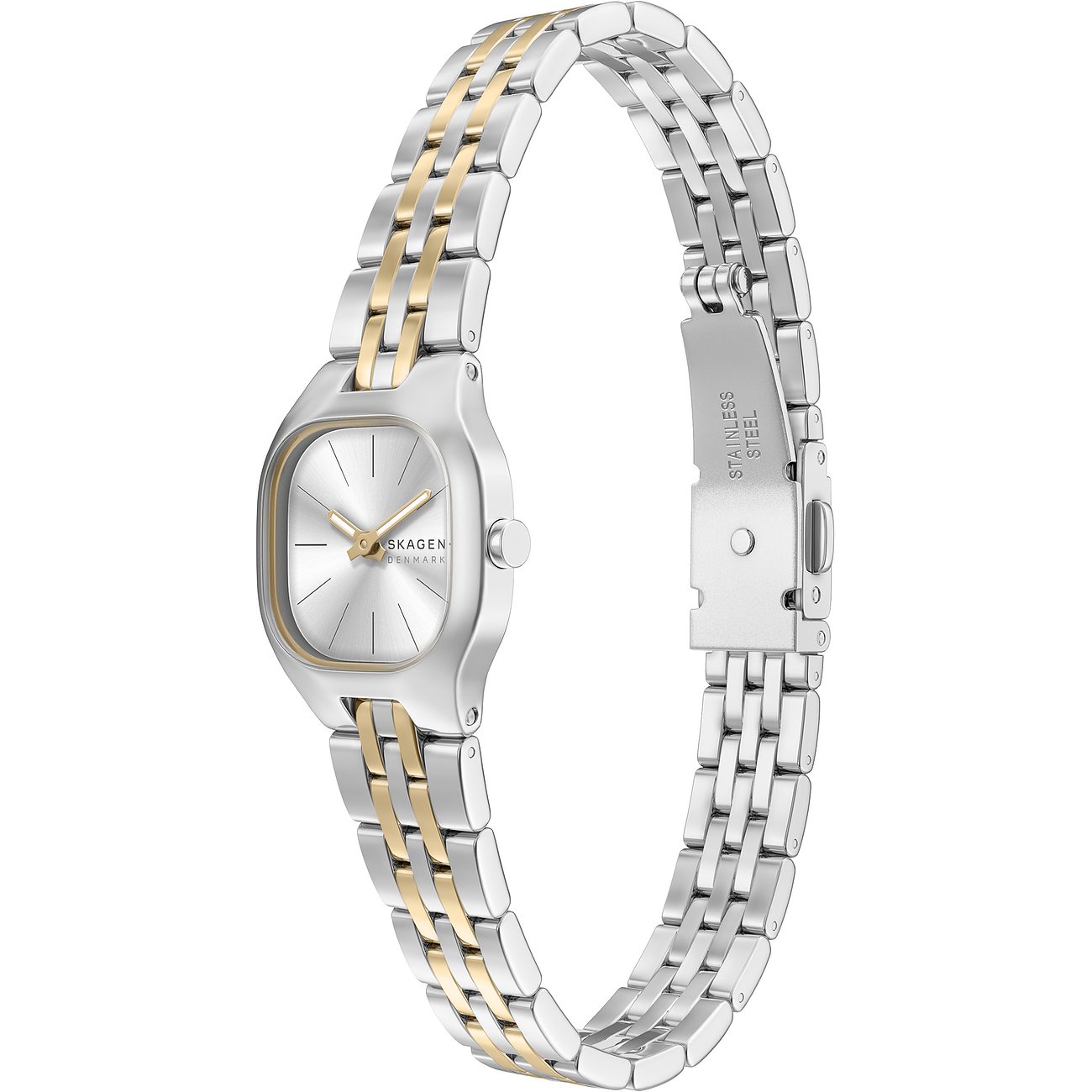 Skagen damklocka i rostfritt stål med ovalt boett och tvåfärgat metallarmband i silver och guld.