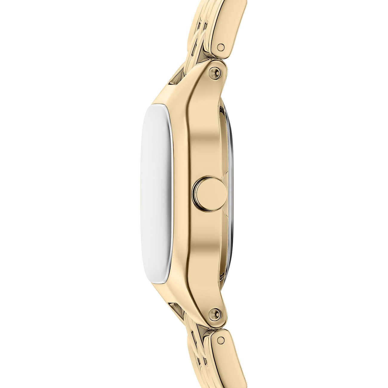 Seitenansicht einer Skagen Damenuhr aus goldfarbenem Edelstahl mit runder Krone und weißem Zifferblatt.