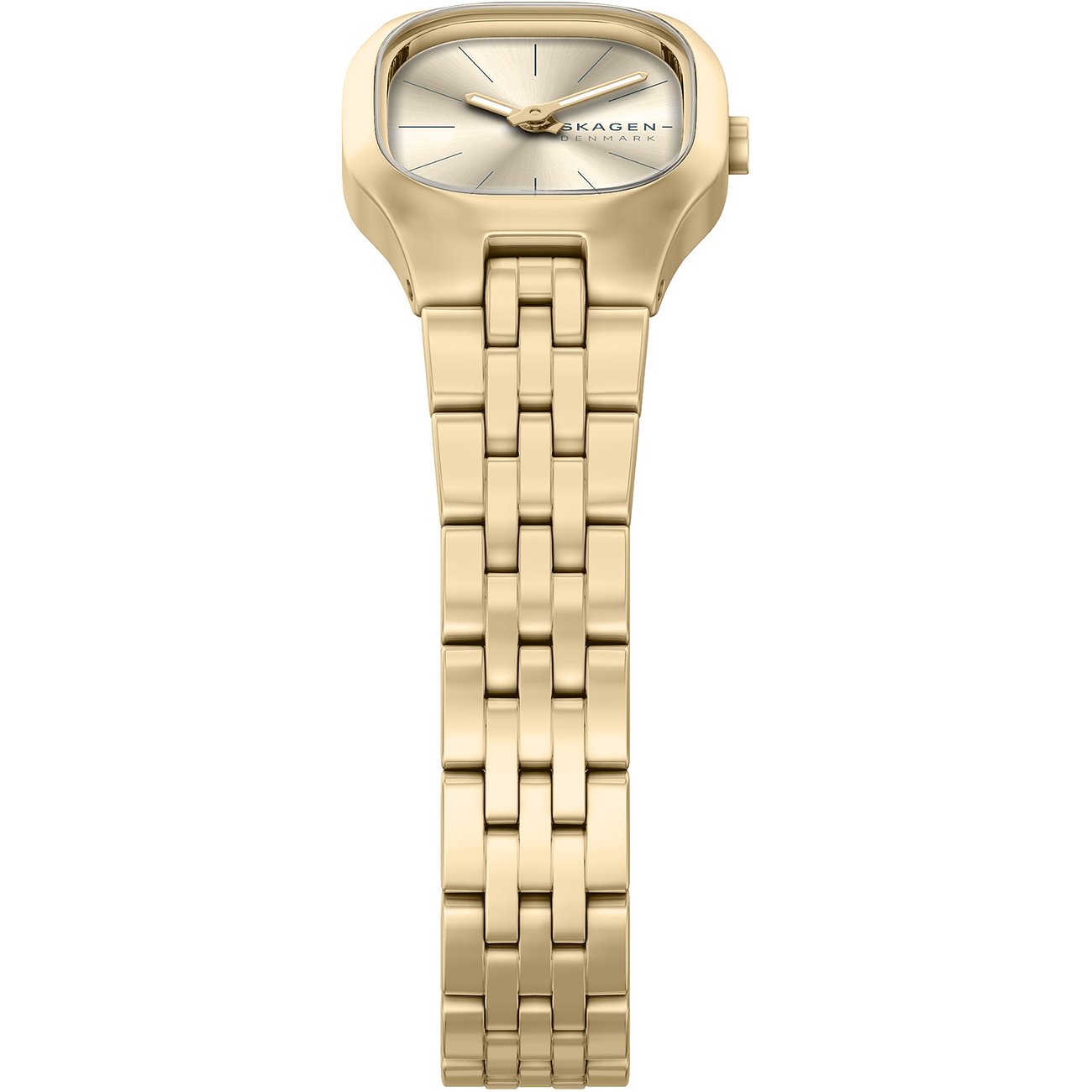 Skagen Damenuhr aus goldfarbenem Edelstahl mit einem eckigen Zifferblatt und Gliederarmband.