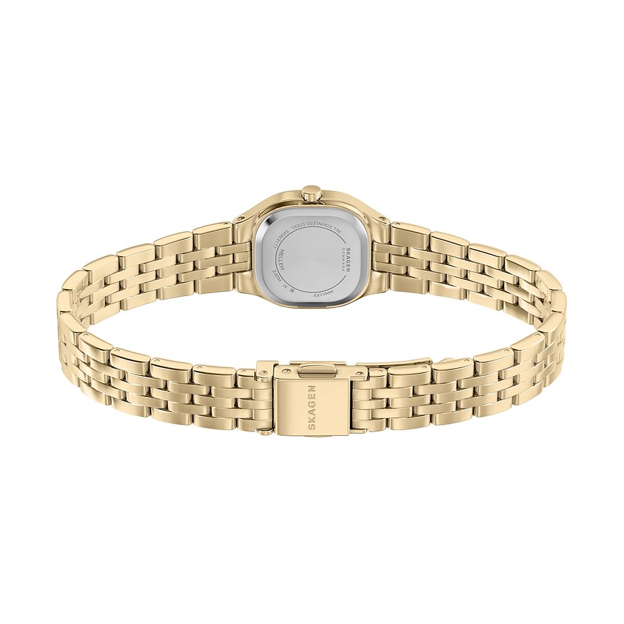 Rückansicht einer Skagen Damenuhr aus goldfarbenem Edelstahl mit geschlossenem Uhrband von oben