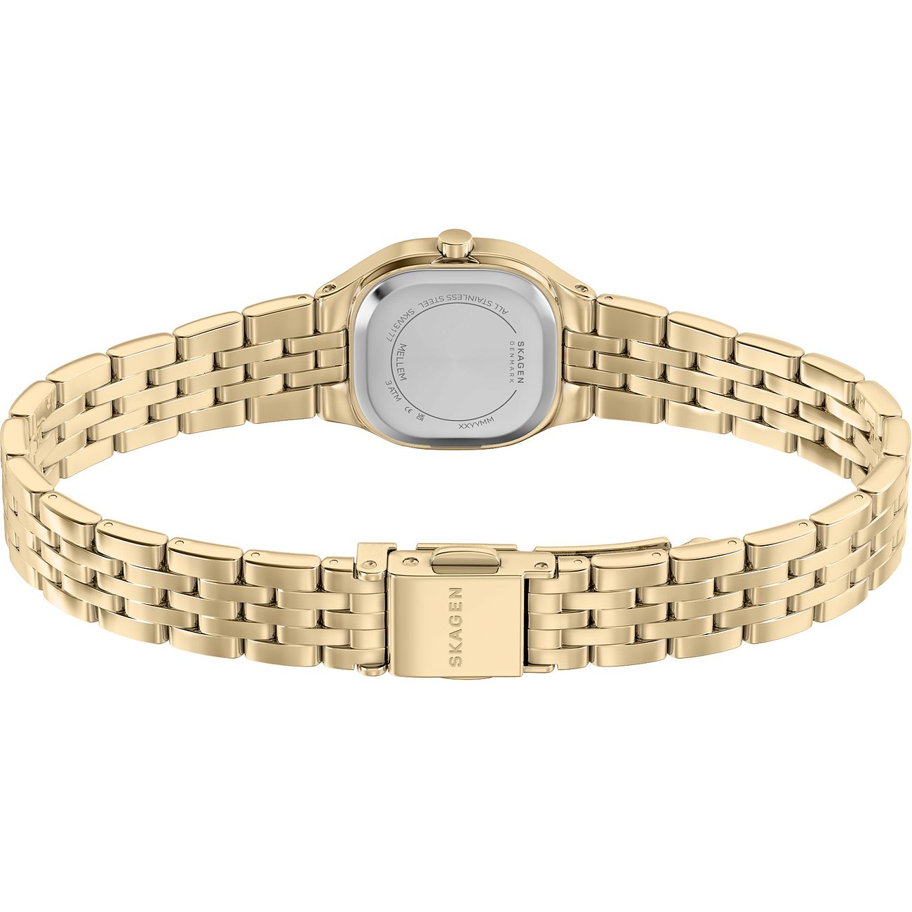 Rückansicht einer Skagen Damenuhr aus goldfarbenem Edelstahl mit geschlossenem Uhrband von oben