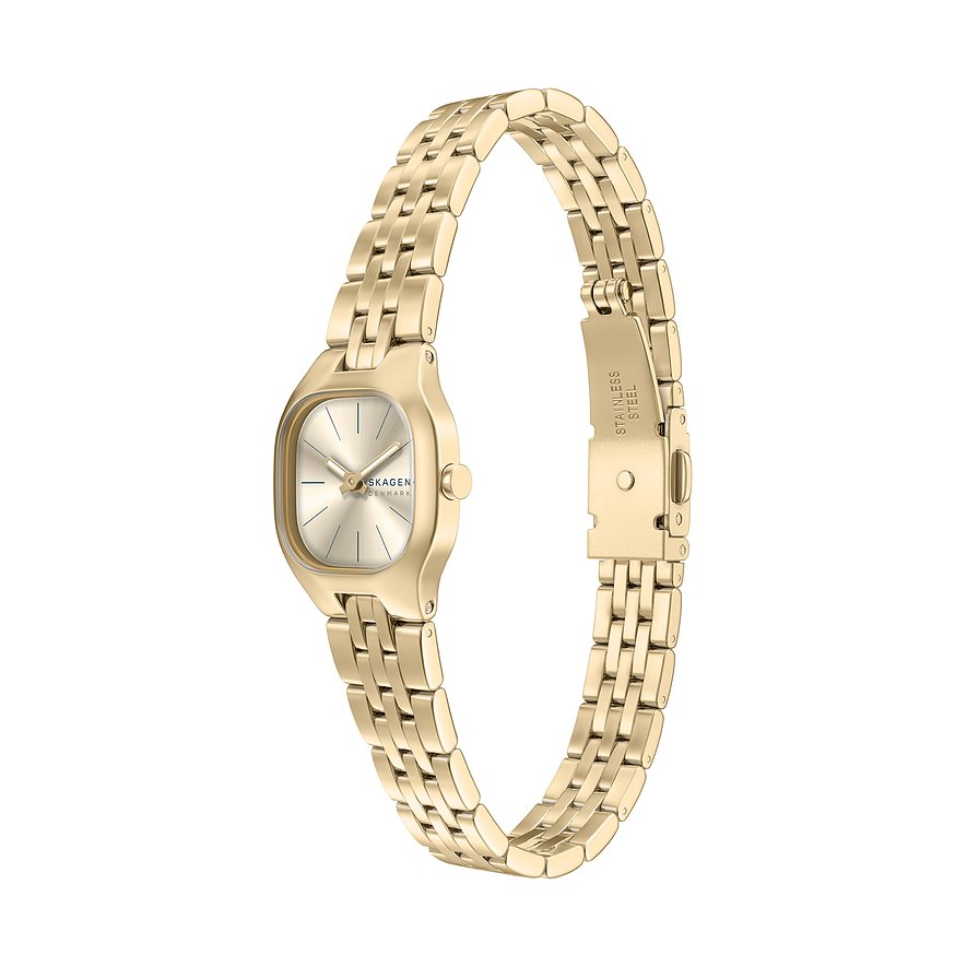 Skagen Damenuhr aus goldfarbenem Edelstahl, schräg von oben aufgenommen, zeigt ein minimalistisches Zifferblatt.