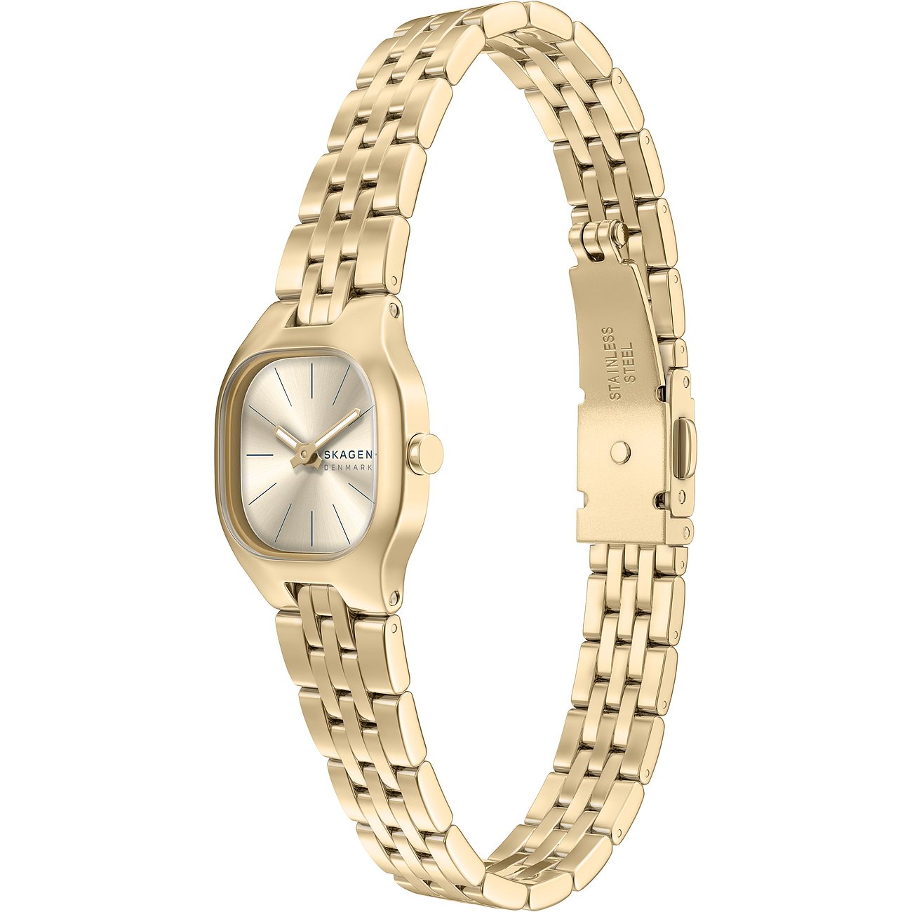 Skagen Damenuhr aus goldfarbenem Edelstahl, schräg von oben aufgenommen, zeigt ein minimalistisches Zifferblatt.