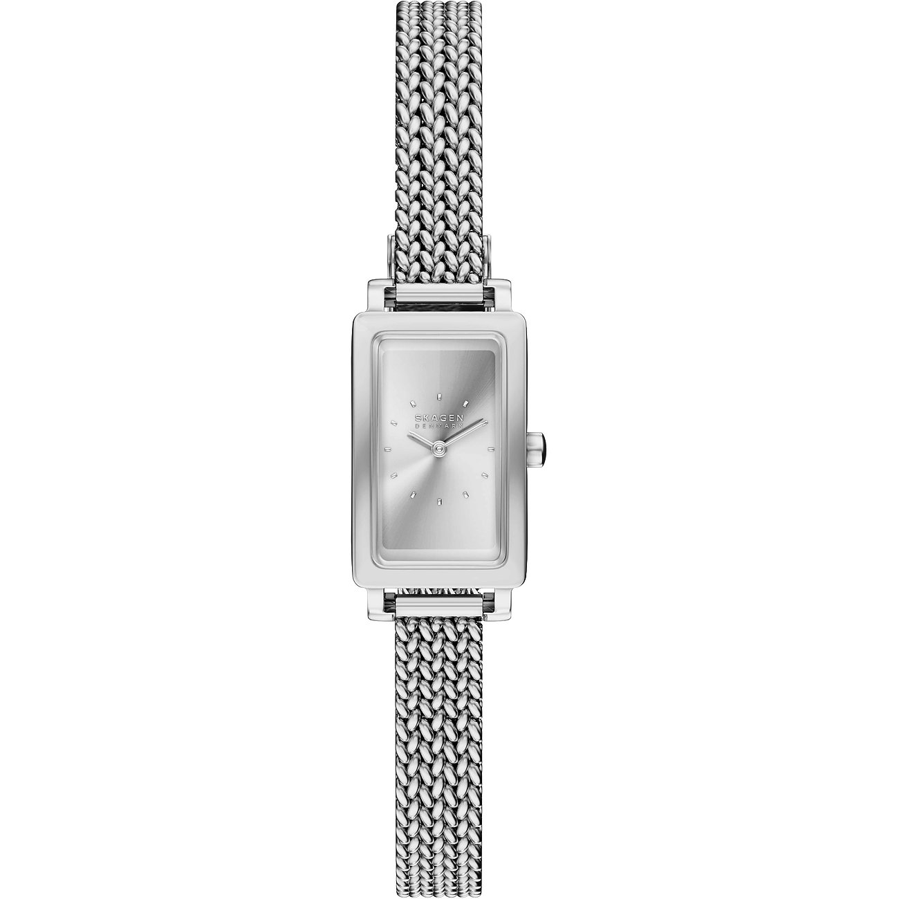 Skagen damklocka i rostfritt stål med rektangulär silverfärgad urtavla och Milanese-armband.