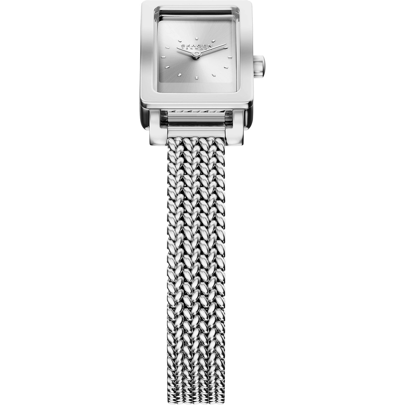 Skagen damklocka, rostfritt stål, rektangulär urtavla, silverfärgat milaneseband, frontal vy.