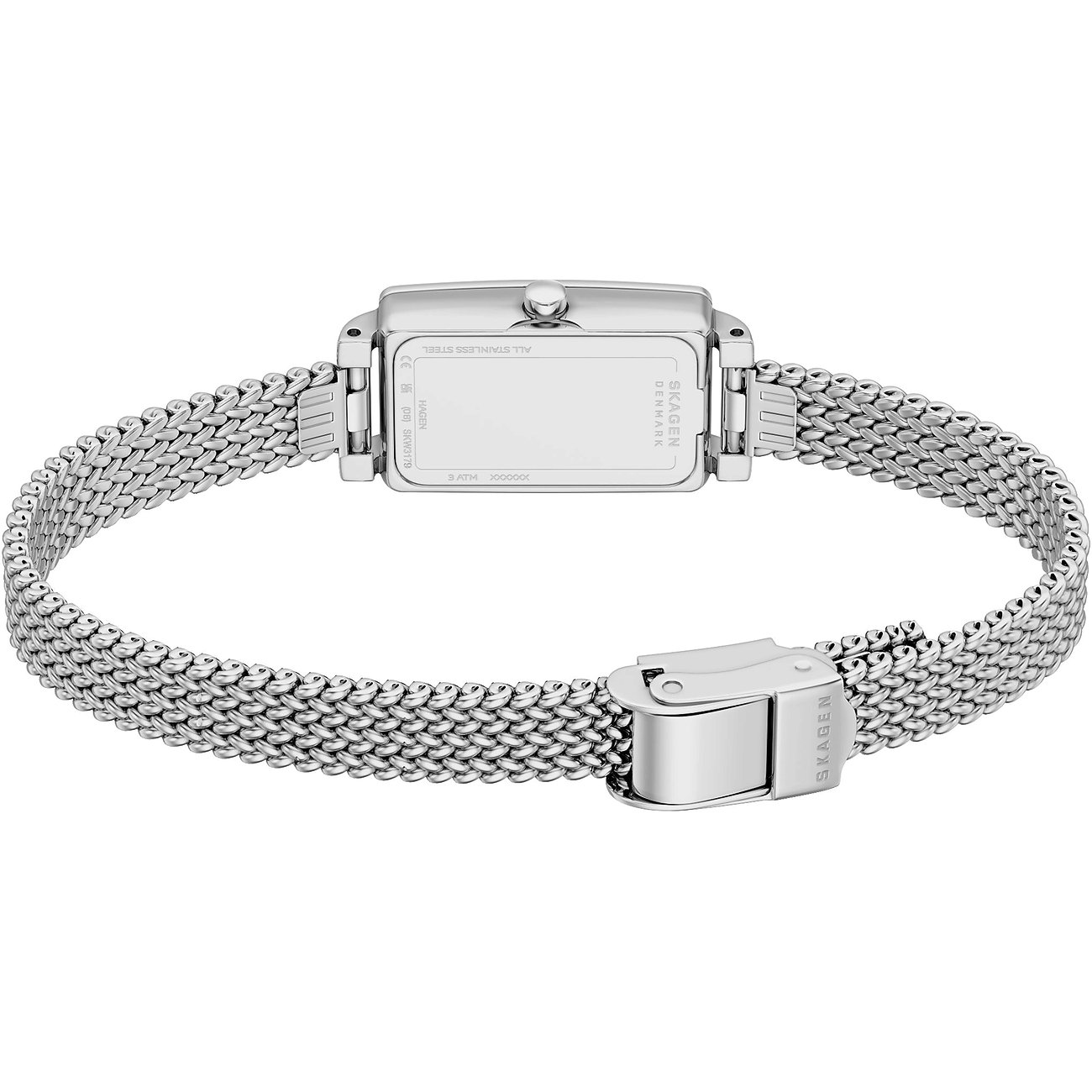 Baksida Skagen damklocka i rostfritt stål med rektangulär boett och nätt mesh-armband, låset synligt.