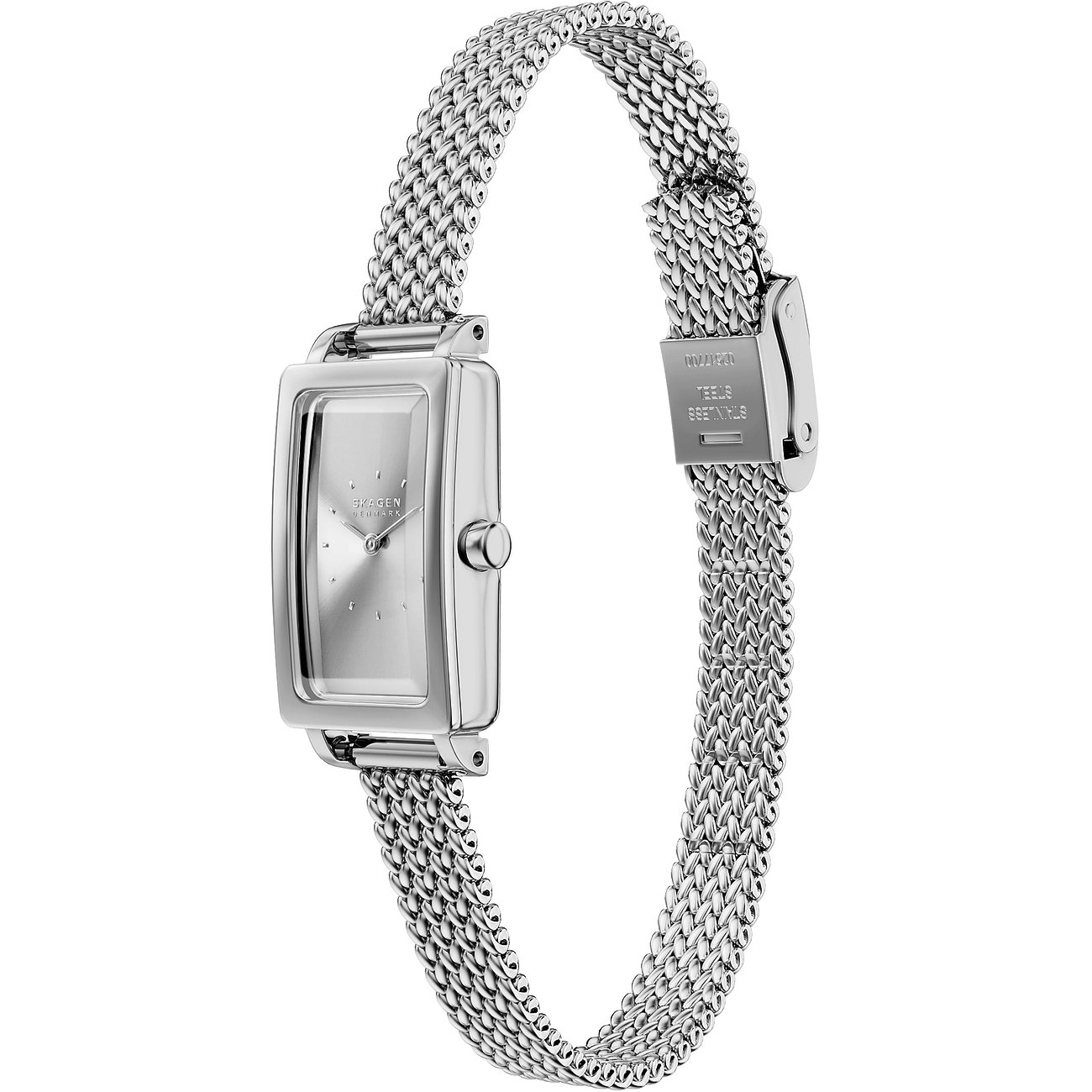 Skagen damklocka i rostfritt stål med rektangulär silverurtavla och finmaskigt Milanaise-armband.