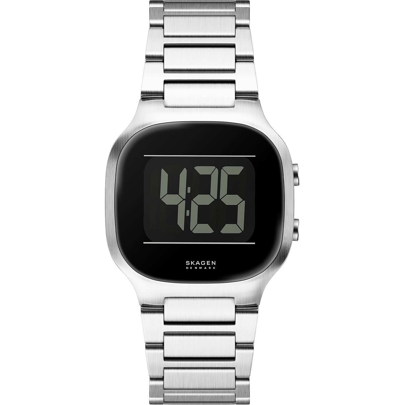 Skagen Herrenuhr aus Edelstahl, frontale Ansicht. Das digitale Display zeigt „4:25 Uhr“ in kühnen Zahlen an.