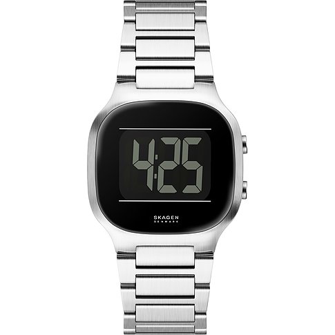 Skagen Herrenuhr aus Edelstahl, frontale Ansicht. Das digitale Display zeigt "4:25 Uhr" in kühnen Zahlen an.