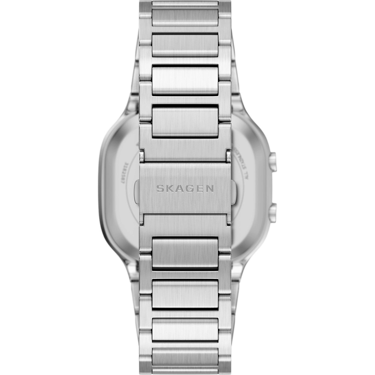 Rückansicht einer Skagen Herrenuhr aus Edelstahl mit geschlossener Schnalle und Skagen-Logo.