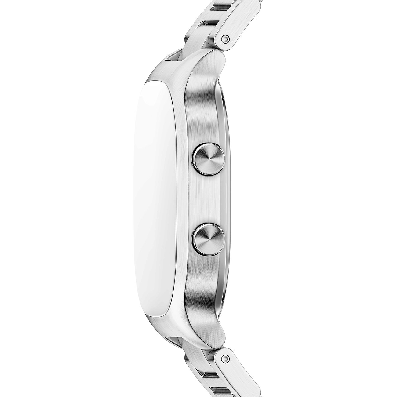 Seitenansicht einer Skagen Herrenuhr aus Edelstahl, mit seitlichen Drückern und weißem Gehäuse.