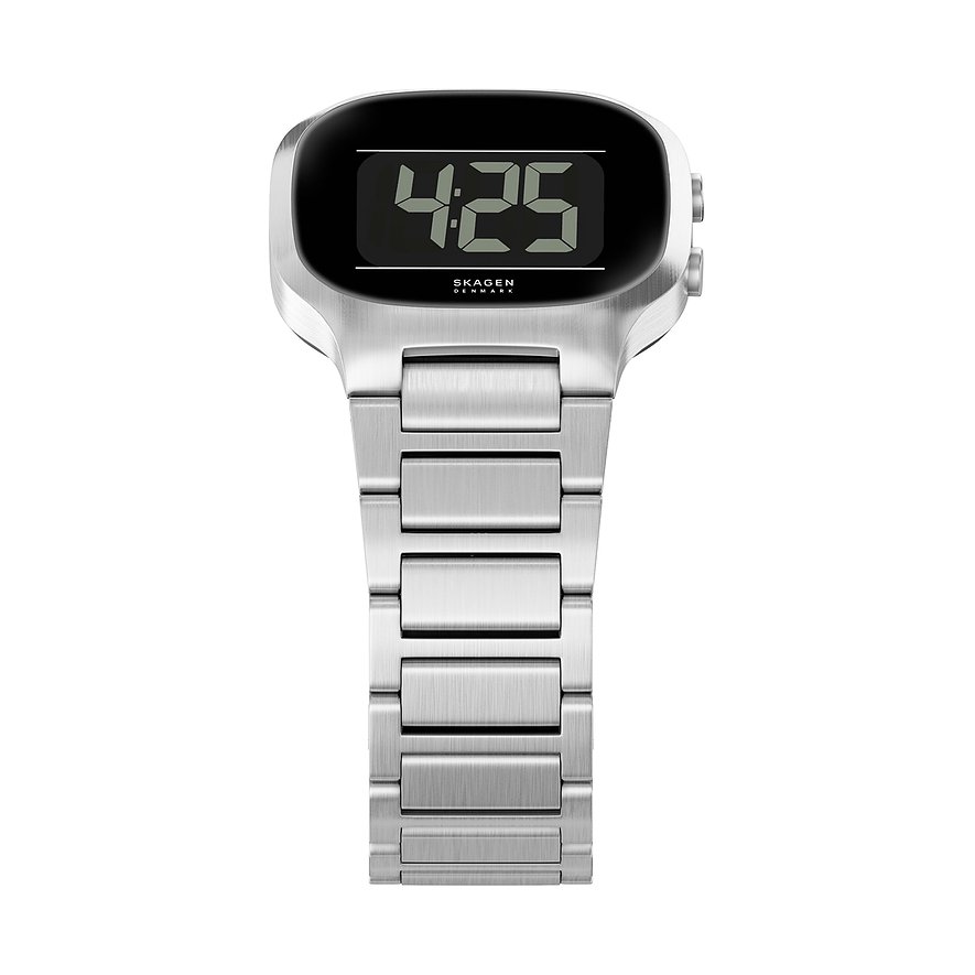 Skagen Herrenuhr aus Edelstahl, digital, mit silbernem Gliederarmband, frontal abgebildet.