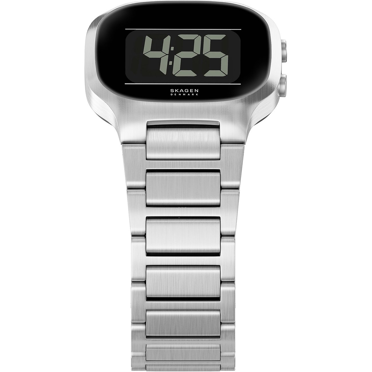 Skagen Herrenuhr aus Edelstahl, digital, mit silbernem Gliederarmband, frontal abgebildet.