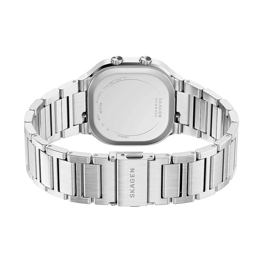 Rückansicht einer Skagen Herrenuhr aus silberfarbenem Edelstahl mit eckigem Gehäuse und Armbandverschluss.