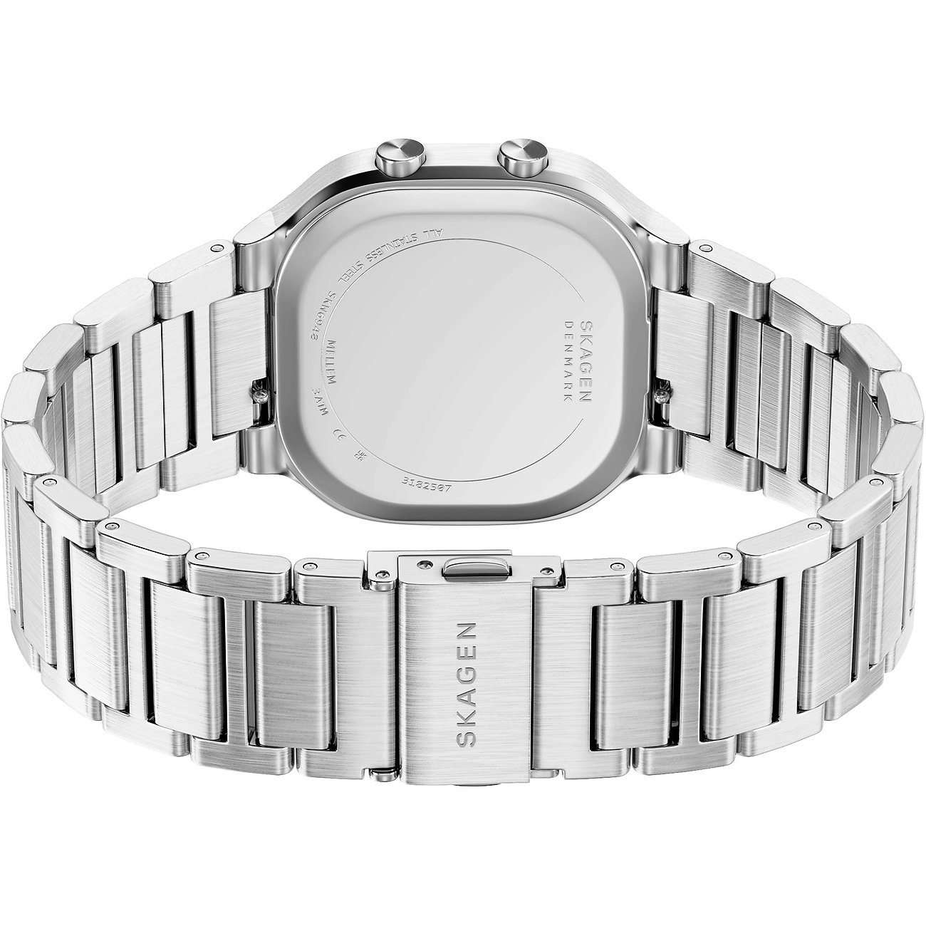 Rückansicht einer Skagen Herrenuhr aus silberfarbenem Edelstahl mit eckigem Gehäuse und Armbandverschluss.