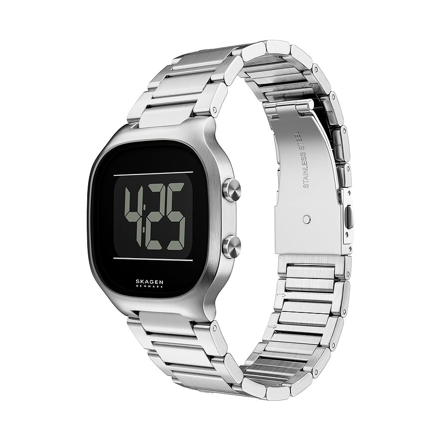 Skagen Herrenuhr aus silberfarbenem Edelstahl mit digitaler Anzeige, leicht von oben gesehen.
