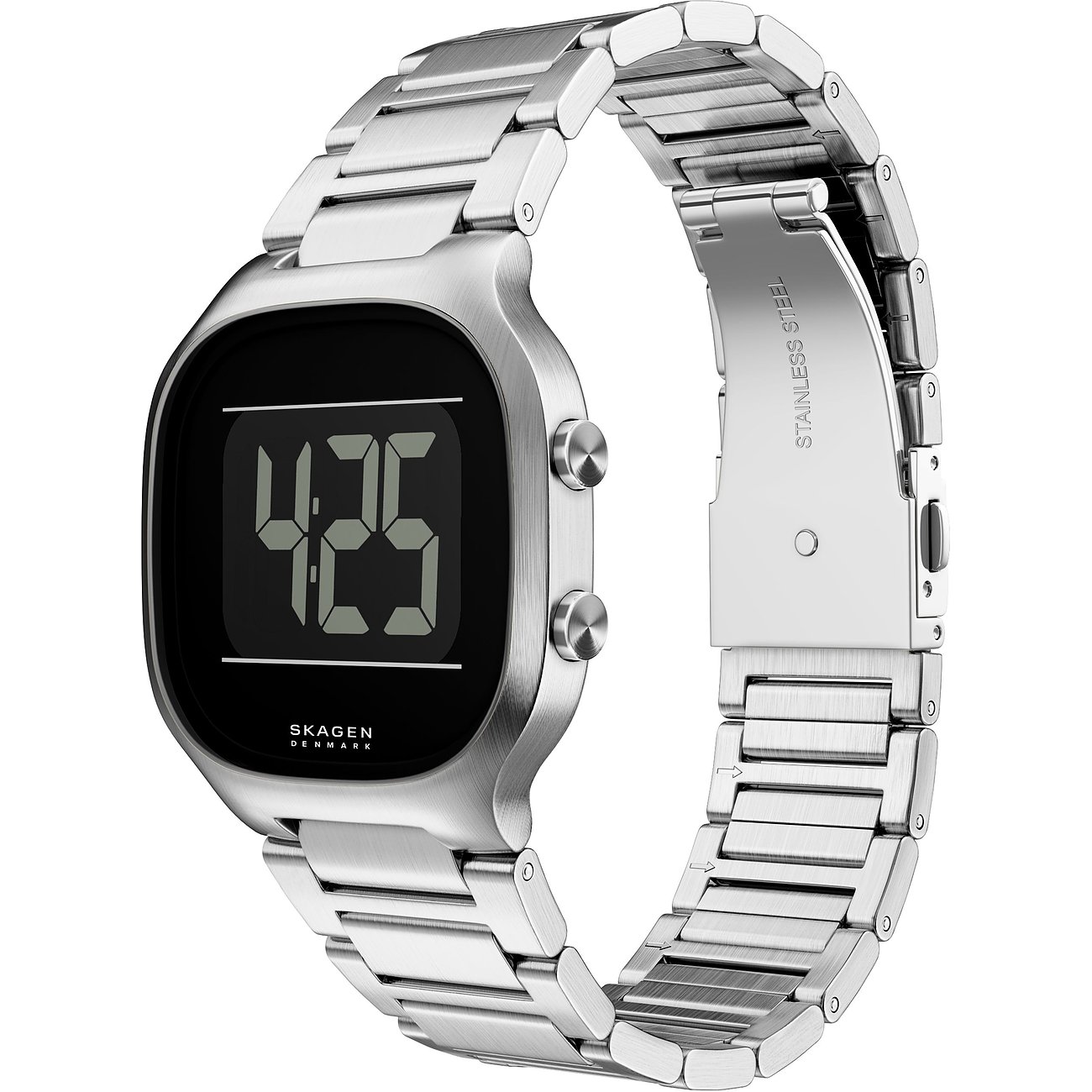 Skagen Herrenuhr aus silberfarbenem Edelstahl mit digitaler Anzeige, leicht von oben gesehen.