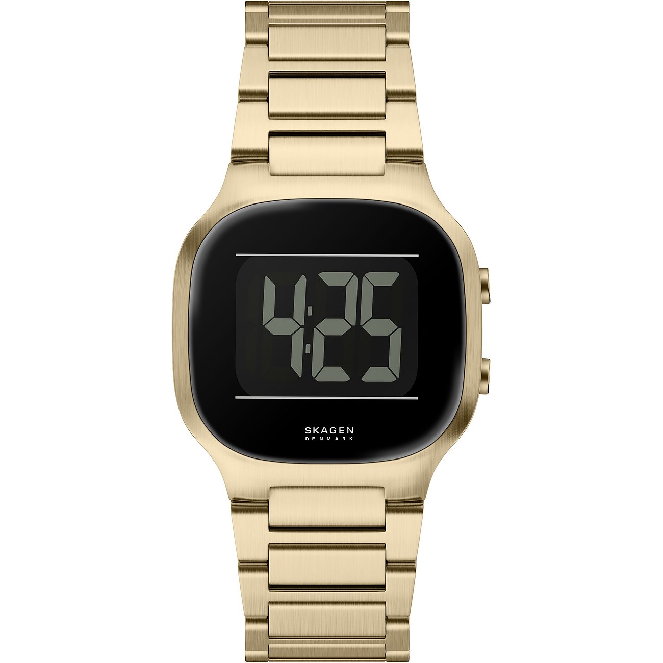 Skagen Herrenuhr aus goldfarbenem Edelstahl mit eckigem, digitalem Display auf weißem Hintergrund.